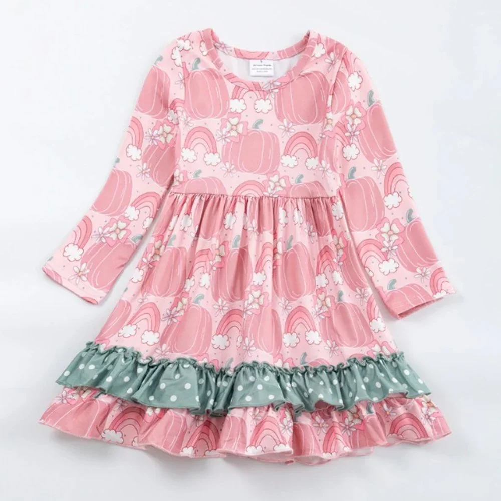 Pumpkin Rainbow Girls Long Sleeve Pink Ruffle Dress